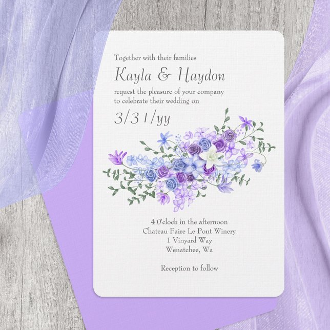 Invitación Boda de la rosa azul morado y claro (Purple and dusty blue wedding invitations, lavender, lilac rose bouquet, leafy green)