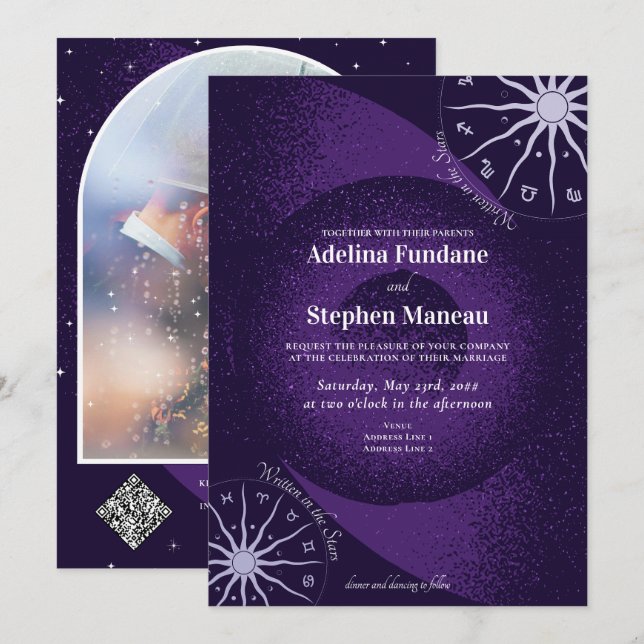 Invitación Boda de la rueda del horóscopo místico púrpura cel (Anverso / Reverso)