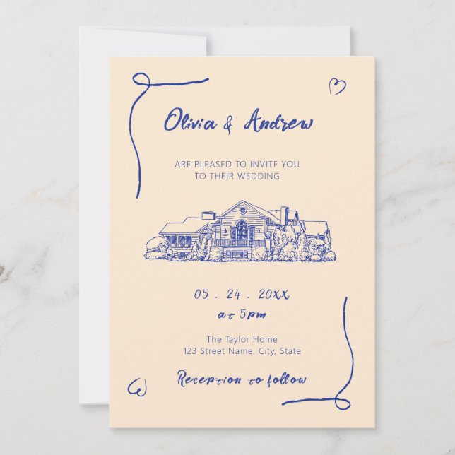 Invitación Boda de la sala de dibujo de la mano azul (Anverso)