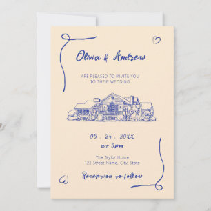 Invitación Boda de la sala de dibujo de la mano azul