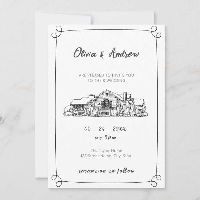 Invitación Boda de la sala de dibujo dibujada a mano negra y  (Anverso)