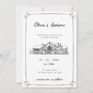Invitación Boda de la sala de dibujo dibujada a mano negra y