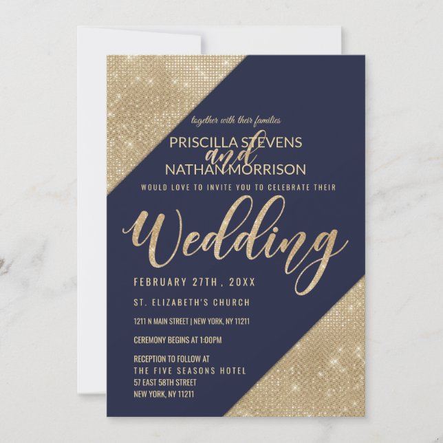 Invitación Boda de la Secuencia de Purpurinas de los Faux azu (Anverso)