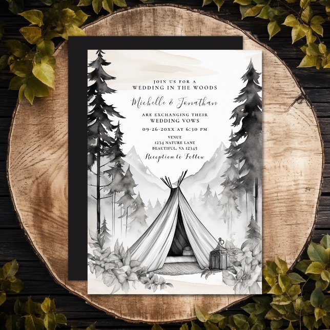Invitación Boda de la selva montañosa de glamour rústico (Rustic Elegant Glamping Camping Mountain Forest Invitation)