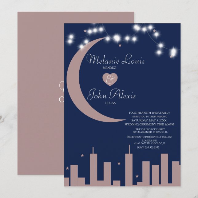 Invitación Boda de la silueta urbana de la rosa sonrosada de  (Anverso / Reverso)