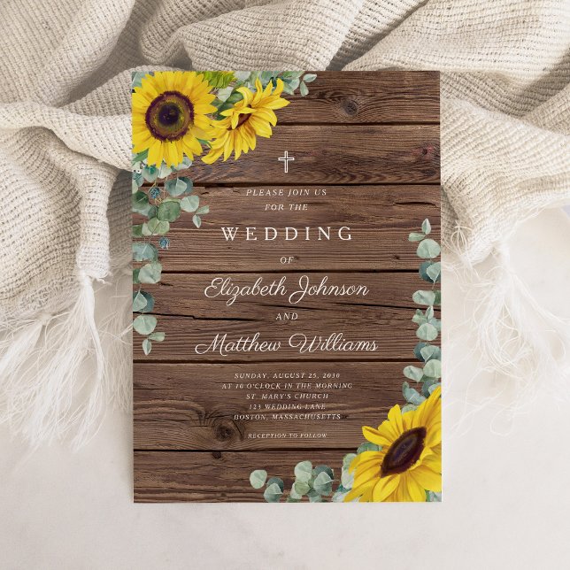 Invitación Boda de la taberna floral de girasol rústico relig (Religious Rustic Sunflower Floral Barn Wedding Invitation)