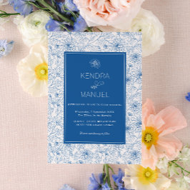Invitación Boda de la tela floral azul clásica francesa