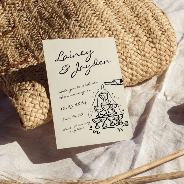 Invitación Boda de la torre de champán retro moderno escrito  (Subido por el creador)