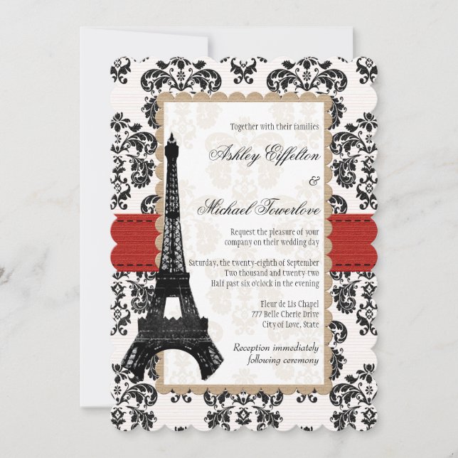Invitación Boda de la Torre Eiffel de Damasco Rojo y Negro (Anverso)