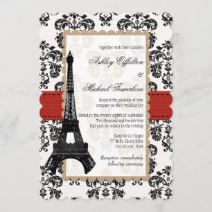Invitación Boda de la Torre Eiffel de Damasco Rojo y Negro