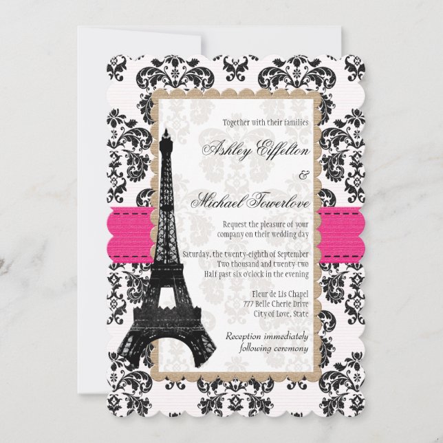Invitación Boda de la Torre Eiffel de damasco rosa caliente y (Anverso)