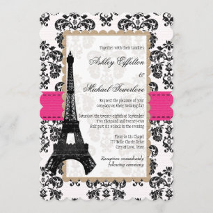 Invitación Boda de la Torre Eiffel de damasco rosa caliente y