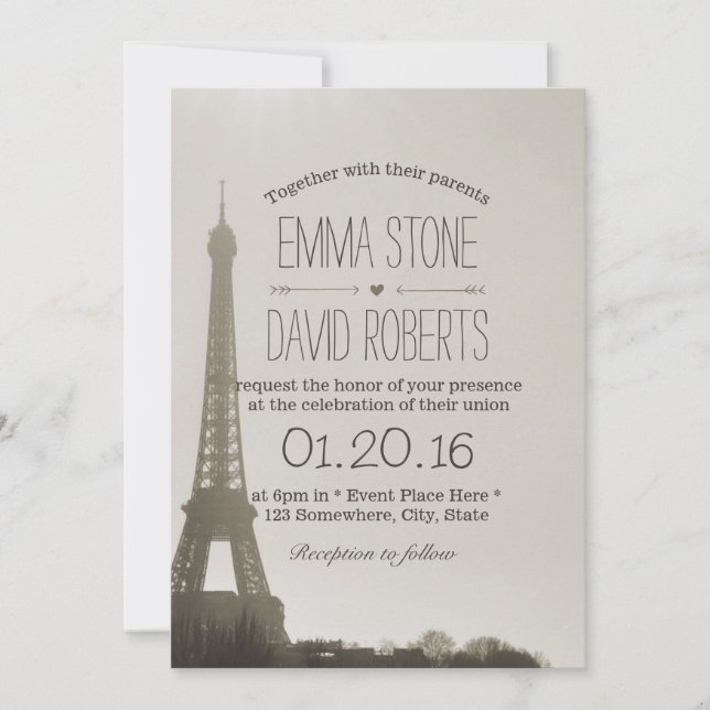 Invitación Boda de la Torre Eiffel de París (Anverso)
