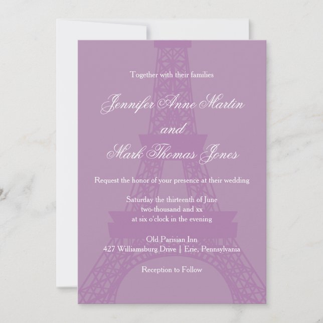 Invitación Boda de la Torre Eiffel de París Lavender y Purple (Anverso)