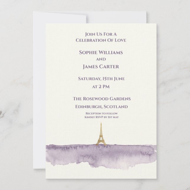 Invitación Boda de la Torre Eiffel Morada (Anverso)