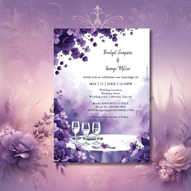 Invitación Boda de la Torre Eiffel Romántica Morada Floral (Subido por el creador)