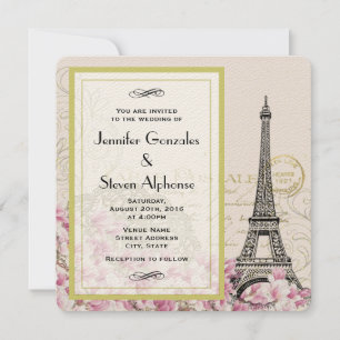 Invitación Boda de la Torre Eiffel vintage con flores silvest