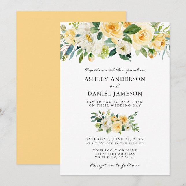 Invitación Boda de la vegetación amarilla floral acuarela (Anverso / Reverso)