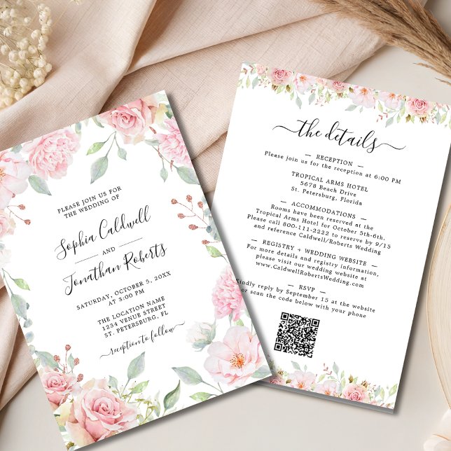 Invitación Boda de la vegetación ardiente de rosas rosas rosa (All in One Elegant Pink Roses and Sage Greenery Wedding Invitation)
