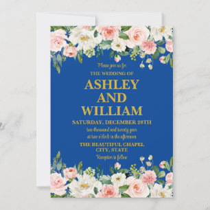 Invitación Boda de la vegetación bohemia rosa y dorada azul