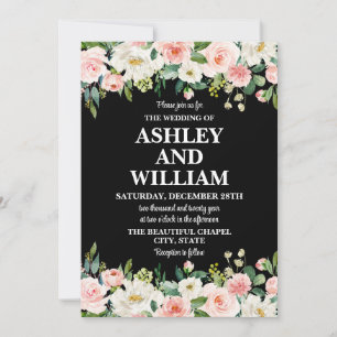 Invitación Boda de la vegetación bohemiana rosa y blanco negr