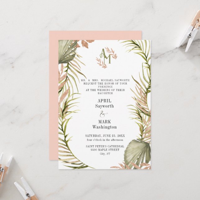 Invitación Boda de la vegetación de la hoja de palma de Boho (Anverso/Reverso In Situ)