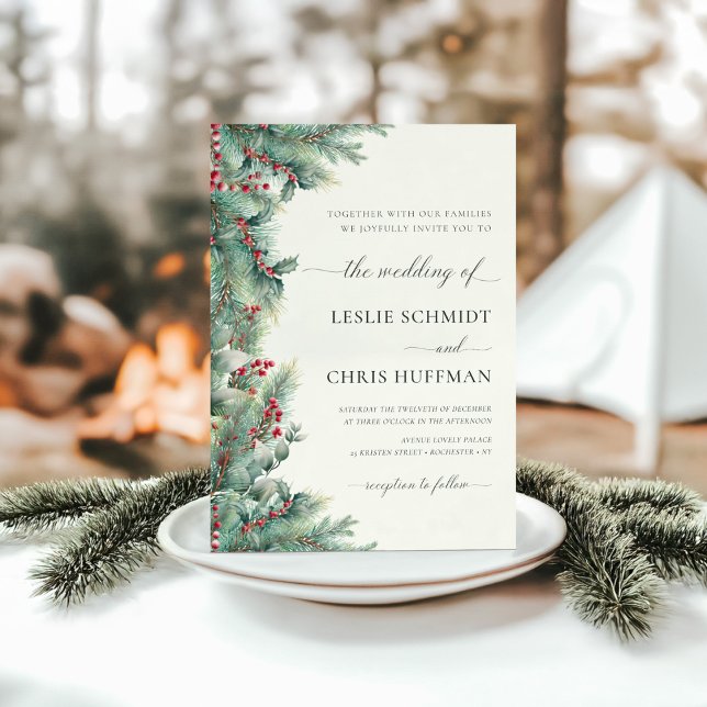 Invitación Boda de la vegetación de las berries y pinos de in (Subido por el creador)