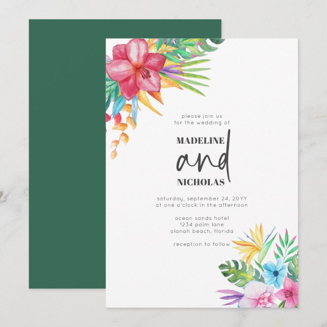 Invitación Boda de la vegetación de las flores tropicales (Anverso / Reverso)