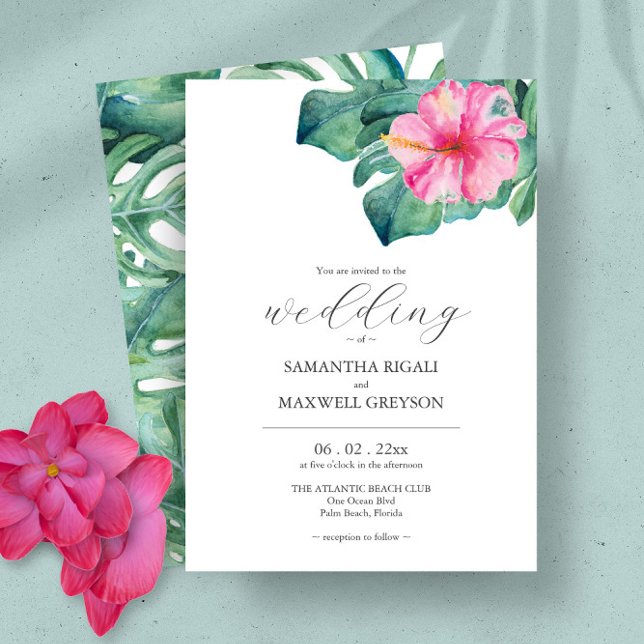 Invitación Boda de la vegetación de las flores tropicales acu (Tropical watercolor flowers and palm leaves wedding invitations art by Victoria Grigaliunas)