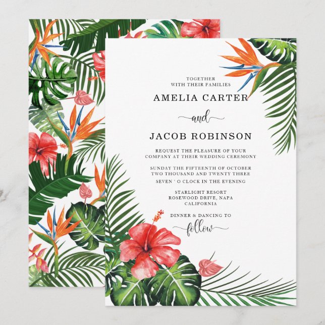 Invitación Boda de la vegetación de las flores tropicales acu (Anverso / Reverso)