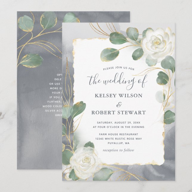Invitación Boda de la vegetación de oro gris de rosas blancas (Anverso / Reverso)