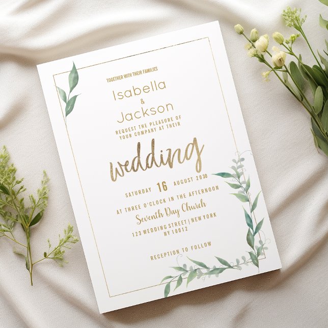 Invitación Boda de la vegetación de oro verde de menta botáni (Botanical mint green gold greenery Wedding)