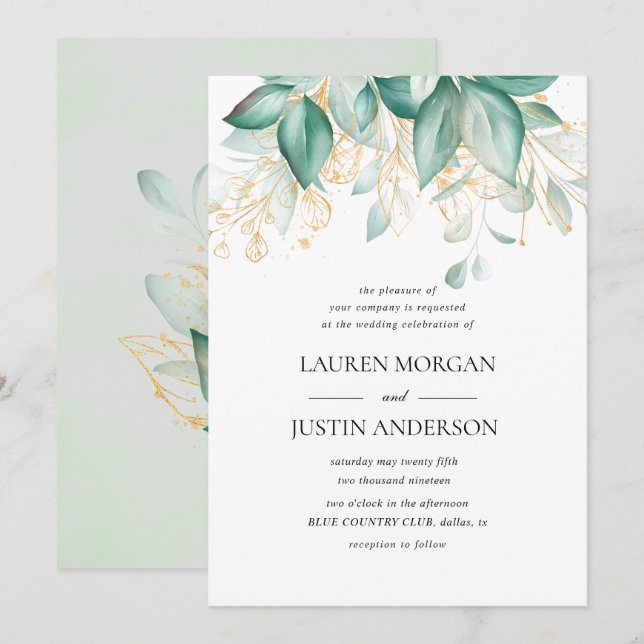 Invitación boda de la vegetación del eucalipto de oro verde p (Anverso / Reverso)