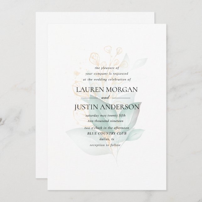 Invitación boda de la vegetación del eucalipto de oro verde p (Anverso / Reverso)
