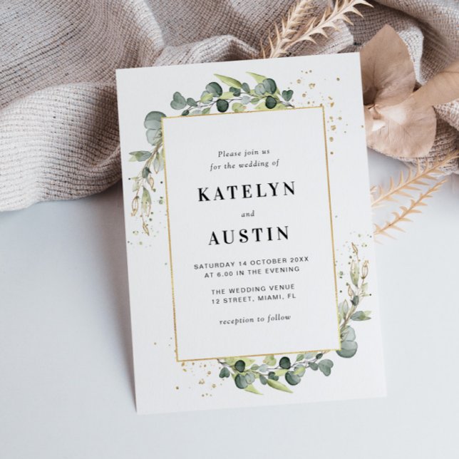 Invitación boda de la vegetación del eucalipto del marco dora (Subido por el creador)