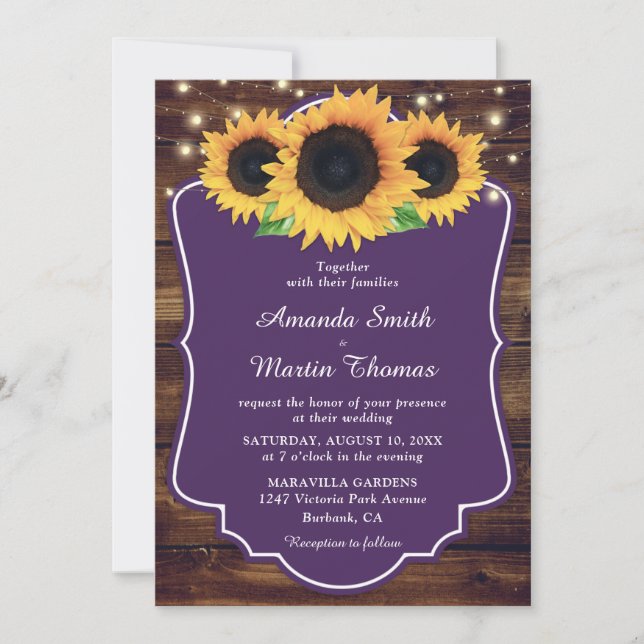 Invitación Boda de la vegetación del girasol púrpura rústico (Anverso)