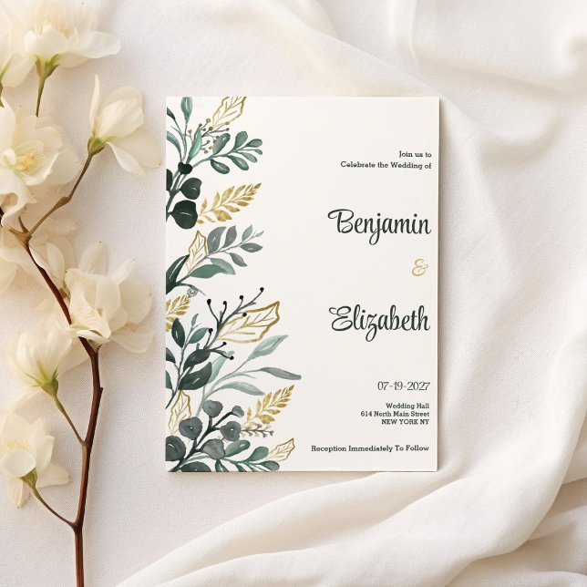 Invitación Boda de la vegetación dorada verde de acuarela bot (Botanical watercolor green gold greenery Wedding )
