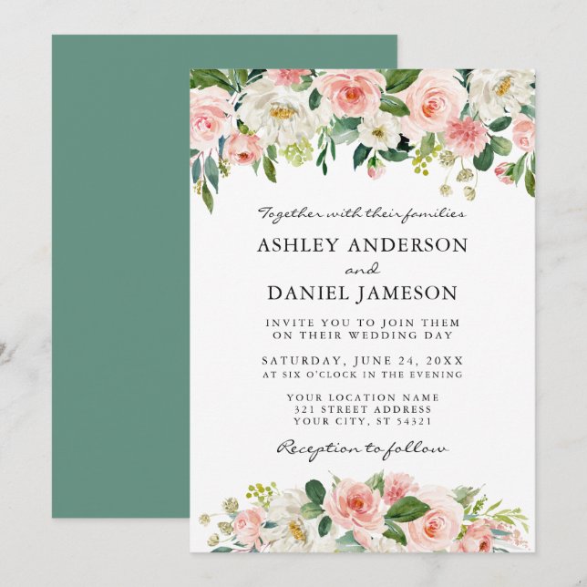 Invitación Boda de la vegetación floral blanca rosa acuarela (Anverso / Reverso)