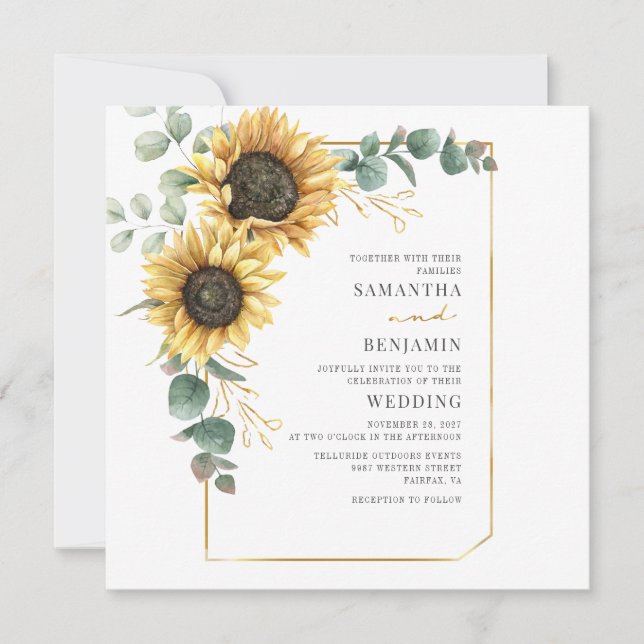 Invitación Boda de la vegetación floral del girasol Eucalyptu (Anverso)