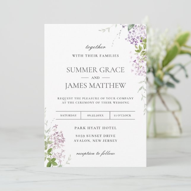 Invitación Boda de la vegetación floral suave Lilac púrpura (Anverso de pie)