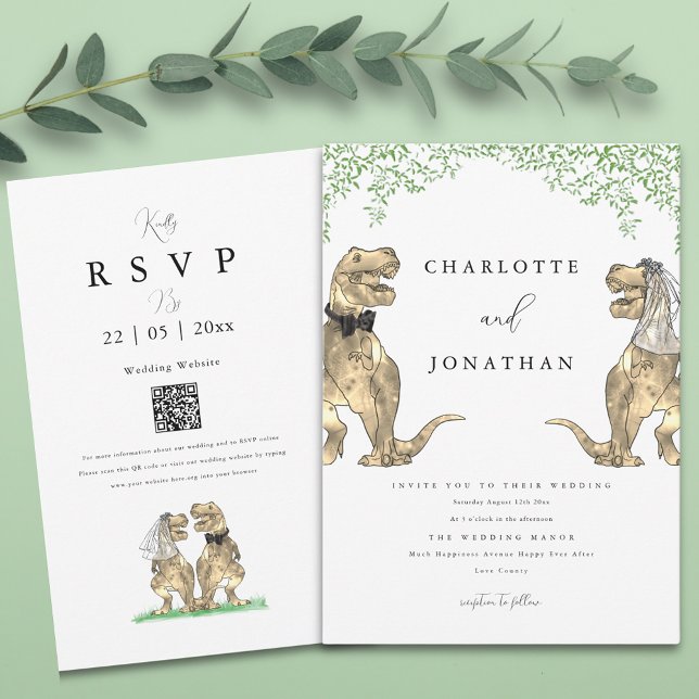 Invitación Boda de la vegetación temática de los dinosaurios (Boho botanical dinosaur wedding invitation with qr code)