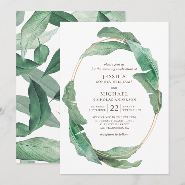 Invitación Boda de la vegetación tropical. Acuarela botánica (Anverso / Reverso)