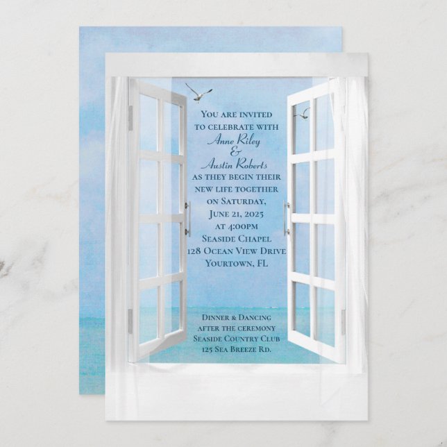 Invitación Boda de la ventana de Ocean View con gaviotas (Anverso / Reverso)