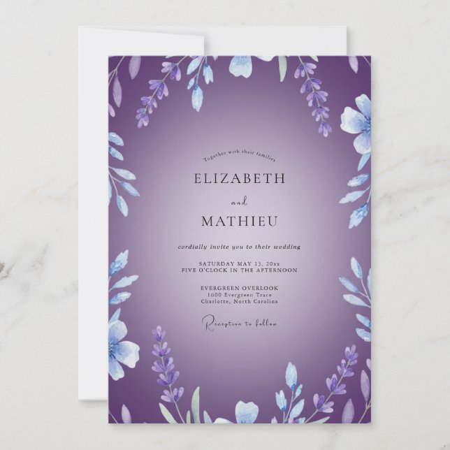 Invitación Boda de la vid de flor de violeta (Anverso)
