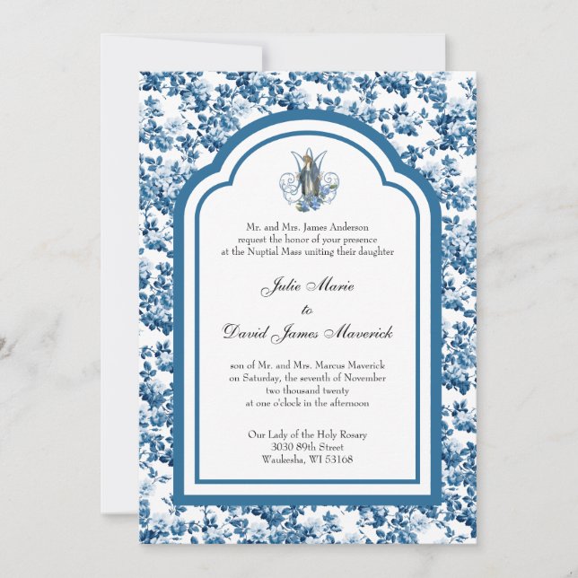 Invitación Boda de la Virgen Floral Azul Católica María (Anverso)
