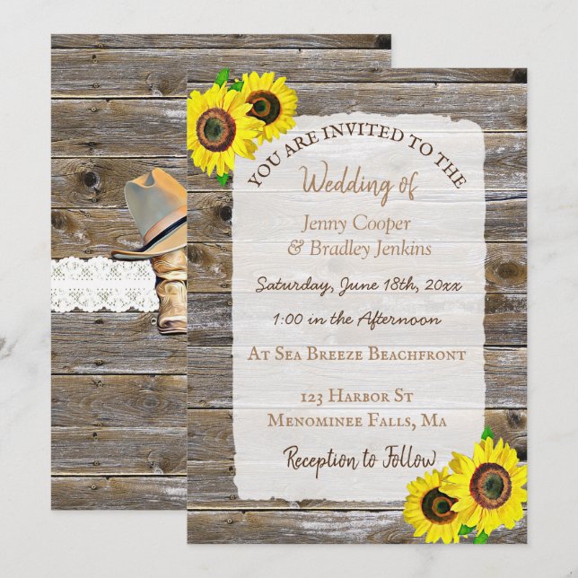 Invitación Boda de Lace, Cowboy Boots y Sunflowers (Anverso / Reverso)