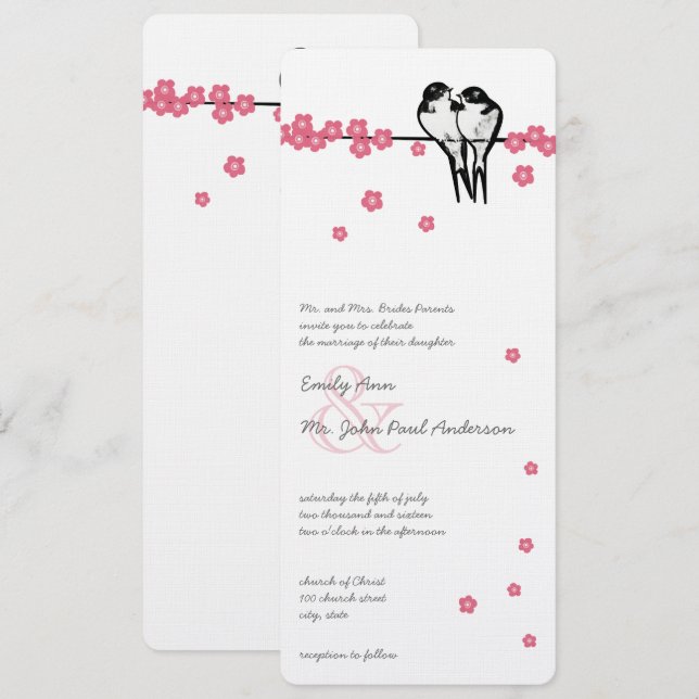 Invitación Boda de ladrillo de flores rosadas encantadas (Anverso / Reverso)