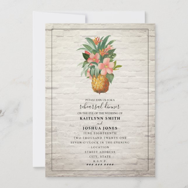 Invitación Boda de Ladrillo de piña floral Cena (Anverso)