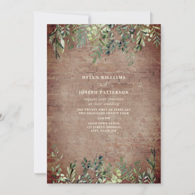 Invitación Boda de ladrillo rústico de vegetación botánica (Anverso)