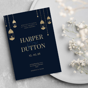 Invitación boda de lámparas de linterna oro azul marino minim
